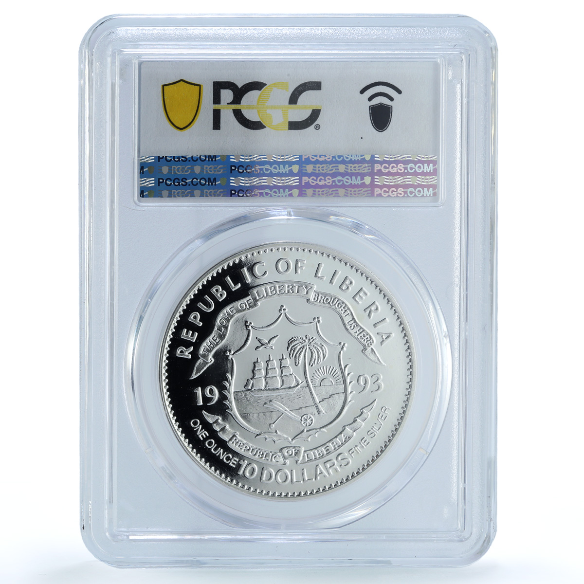 Liberia 10 dollars Protoceraptors KM-99 Dinosaurs PR 67 PCGS silver coin 1993