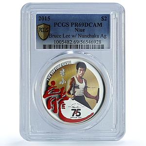 Niue 2 dollars Bruce Lee w/ Nunchaku Cinema Actor PR 69 PCGS silver coin 2015