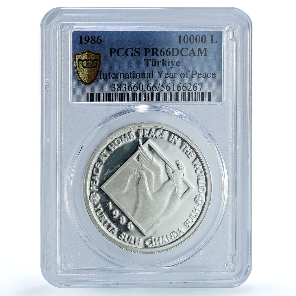 Turkey 10000 lira Int. Peace Year KM-1022 Dove Bird PR 66 PCGS silver coin 1986 Turkey 10000 lira Int. Peace Year KM-1022 Dove Bird PR 66 PCGS silver coin 1986