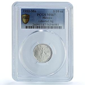 Mexico 1/10 onza Libertad Angel Independence KM-543 MS 67 PCGS silver coin 1992