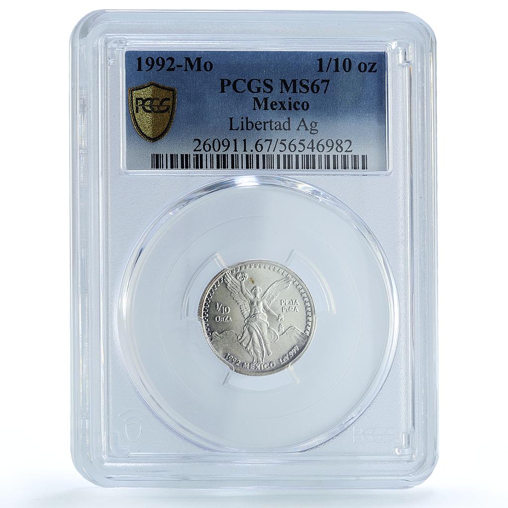 Mexico 1/10 onza Libertad Angel Independence KM-543 MS 67 PCGS silver coin 1992 Mexico 1/10 onza Libertad Angel Independence KM-543 MS 67 PCGS silver coin 1992