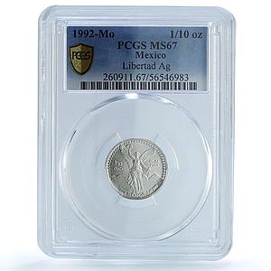 Mexico 1/10 onza Libertad Angel Independence KM-543 MS 67 PCGS silver coin 1992