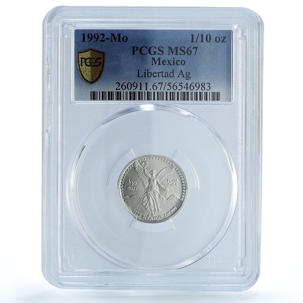 Mexico 1/10 onza Libertad Angel Independence KM-543 MS 67 PCGS silver coin 1992 Mexico 1/10 onza Libertad Angel Independence KM-543 MS 67 PCGS silver coin 1992