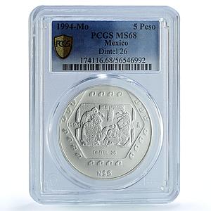 Mexico 5 pesos Dintel 26 KM-578 Precolombina Maya MS 68 PCGS silver coin 1994
