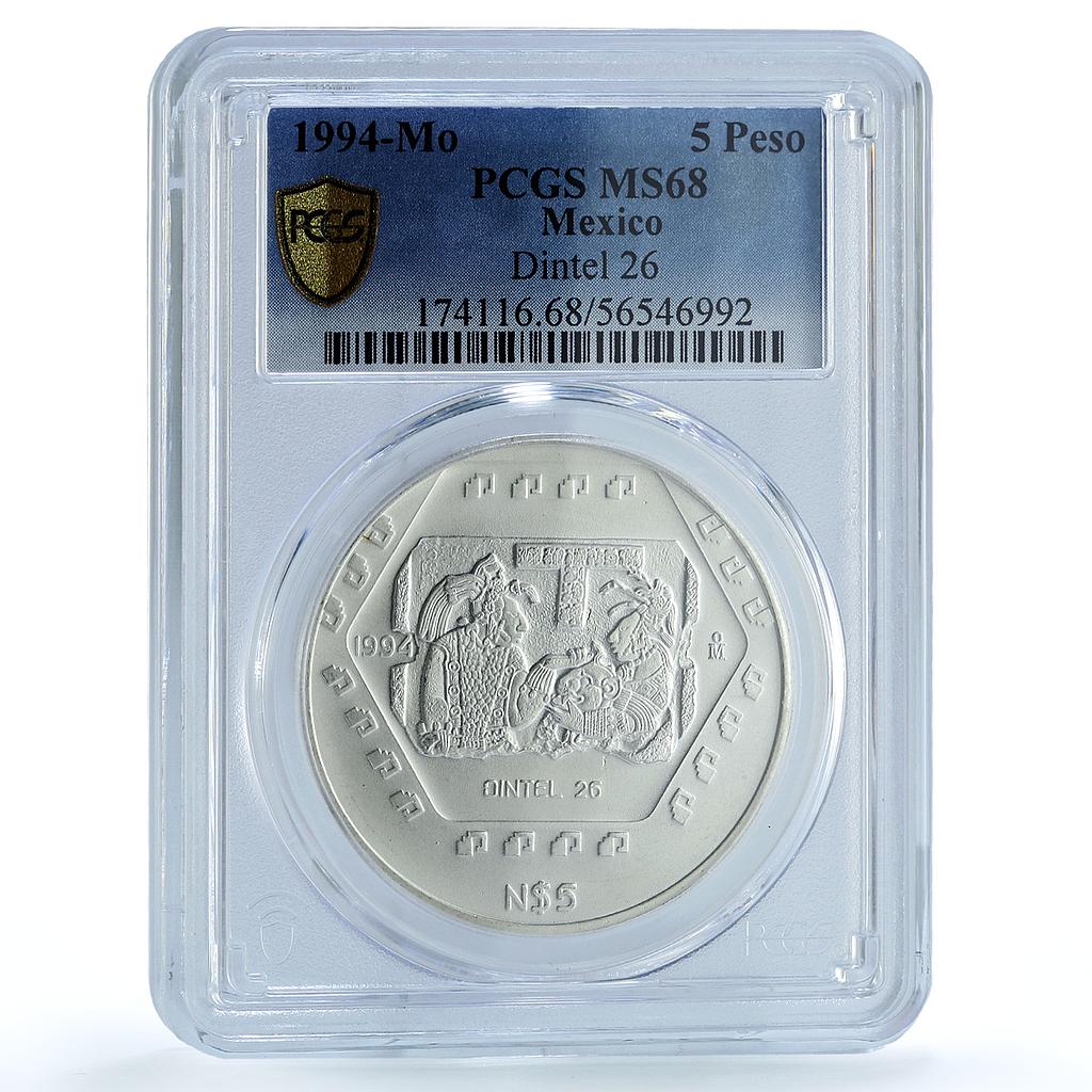Mexico 5 pesos Dintel 26 KM-578 Precolombina Maya MS 68 PCGS silver coin 1994 Mexico 5 pesos Dintel 26 KM-578 Precolombina Maya MS 68 PCGS silver coin 1994