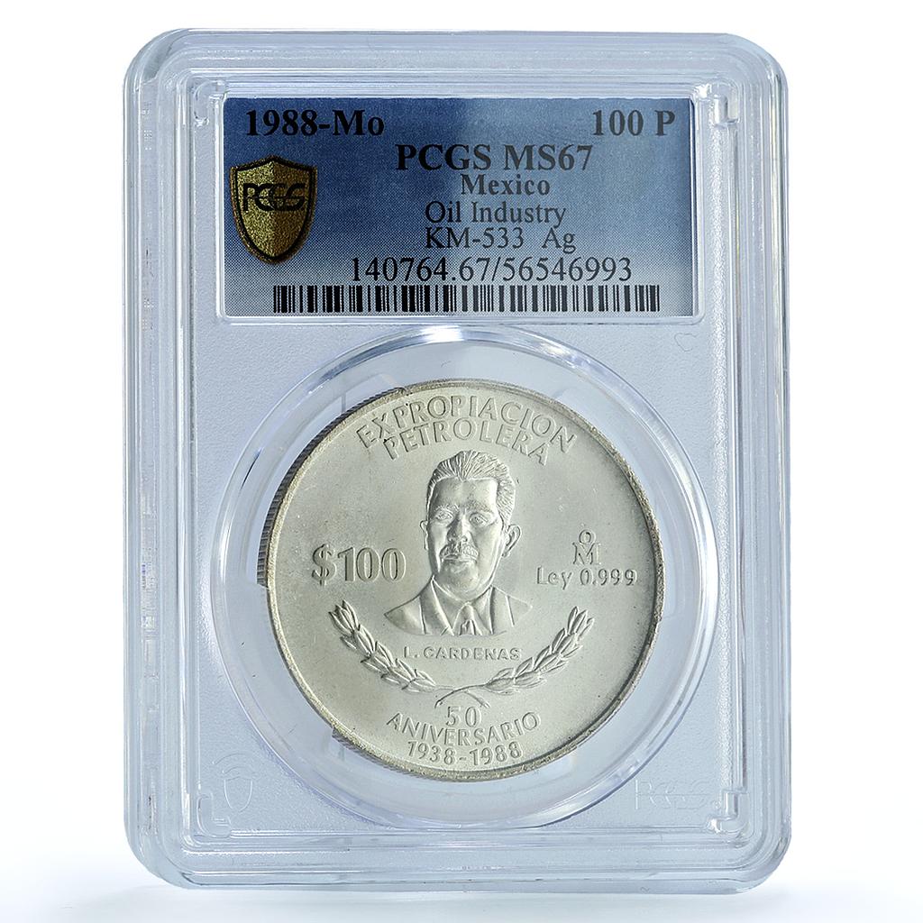 Mexico 100 pesos Oil Nationalization KM-533 Cardenas MS 67 PCGS silver coin 1988 Mexico 100 pesos Oil Nationalization KM-533 Cardenas MS 67 PCGS silver coin 1988
