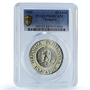 Bulgaria 50 leva Republic KM-182 Arms PR 68 PCGS NiBrass coin 1989