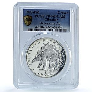 Gibraltar 1 crown Stegosaurus Preserve Dinosaurs PR 66 PCGS silver coin 1993