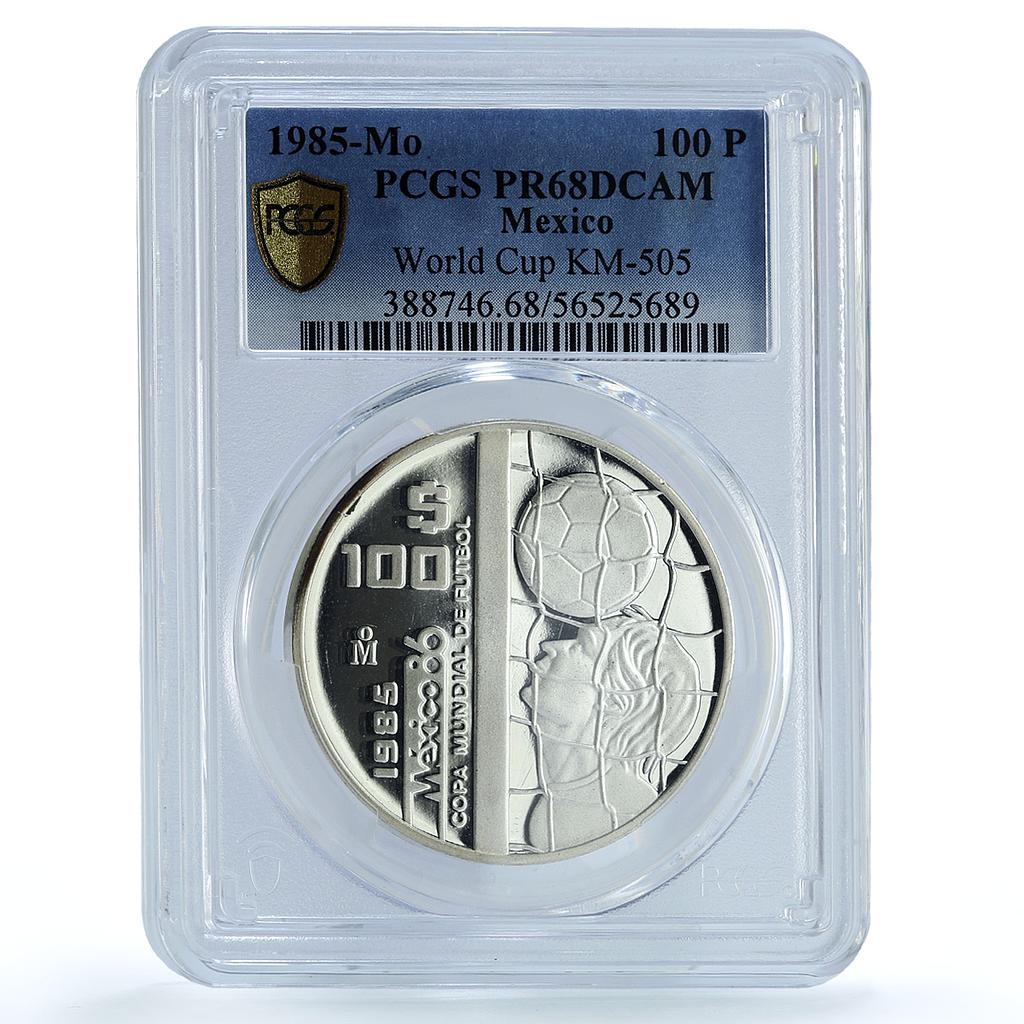 Mexico 100 pesos Football World Cup KM-505 Net Ball PR 68 PCGS silver coin 1985