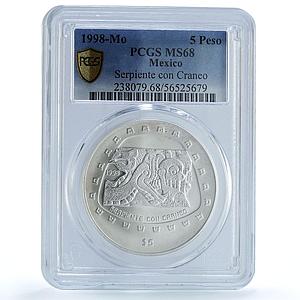 Mexico 5 pesos Serpiente Craneo KM-666 Precolombina MS 68 PCGS silver coin 1998