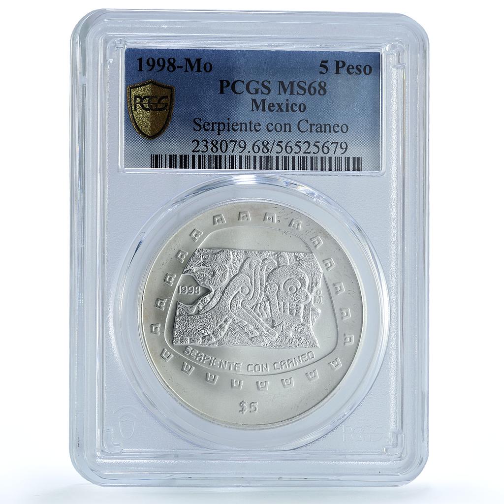 Mexico 5 pesos Serpiente Craneo KM-666 Precolombina MS 68 PCGS silver coin 1998