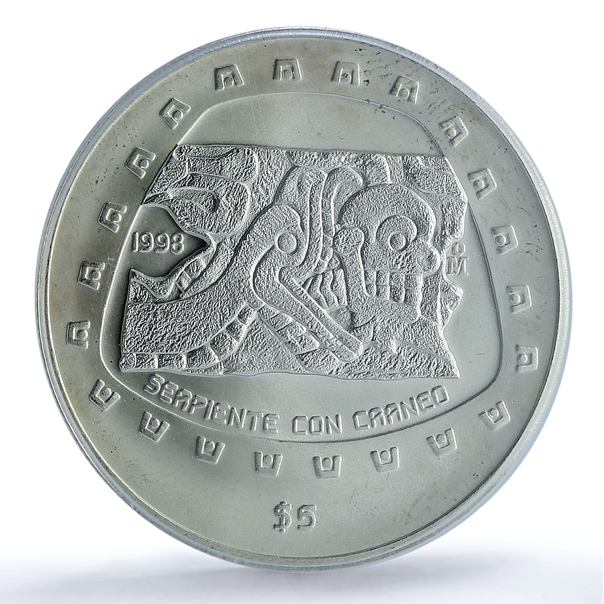 Mexico 5 pesos Serpiente Craneo KM-666 Precolombina MS 68 PCGS silver coin 1998