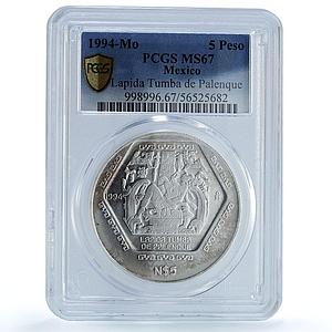 Mexico 5 pesos Lapida Tumba KM-575 Precolombina Maya MS 67 PCGS silver coin 1994