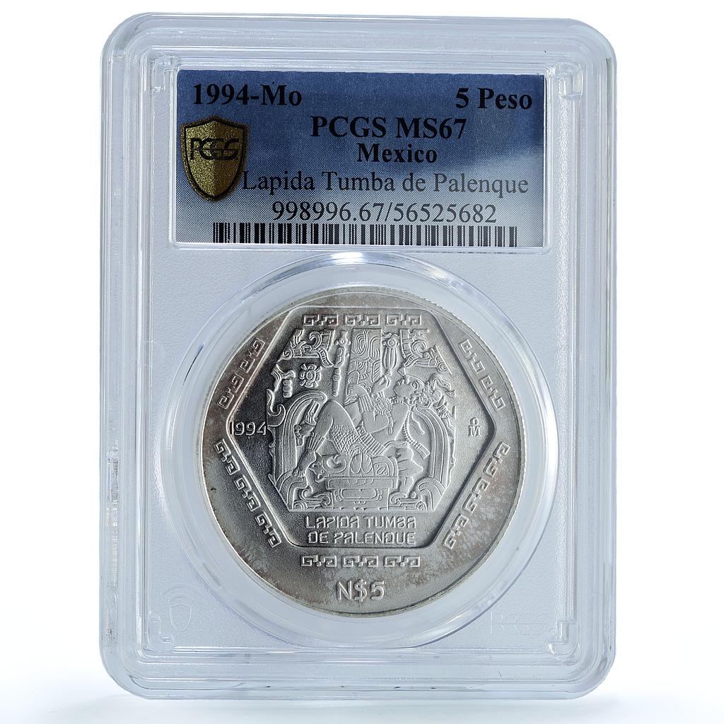 Mexico 5 pesos Lapida Tumba KM-575 Precolombina Maya MS 67 PCGS silver coin 1994