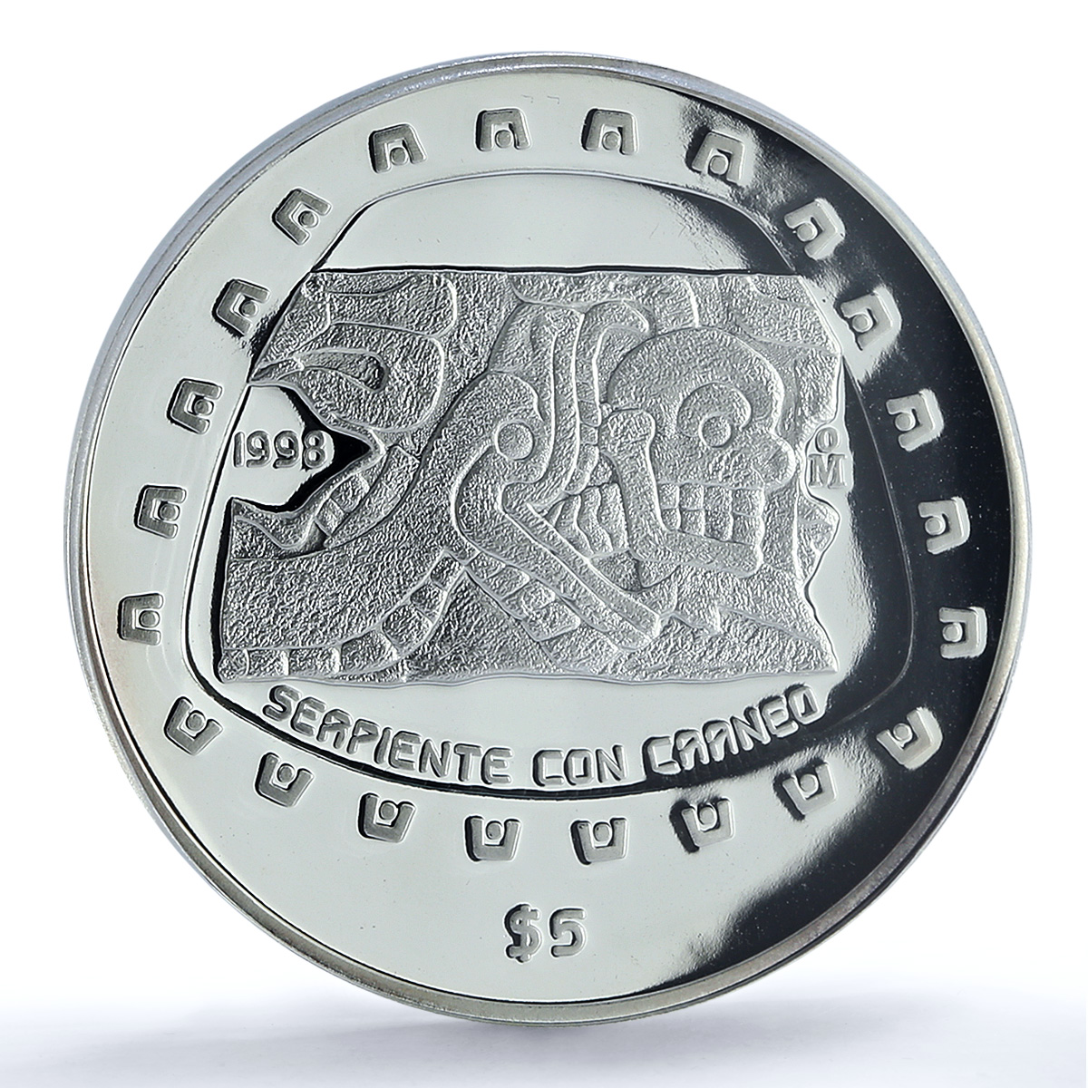 Mexico 5 pesos Serpiente Craneo KM-666 Precolombina PR 69 PCGS silver coin 1998