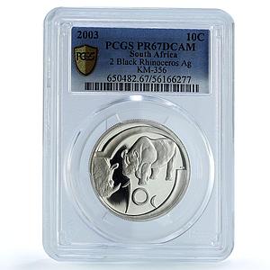 South Africa 10 cents Black Rhinoceros KM-356 Fauna PR 67 PCGS silver coin 2003