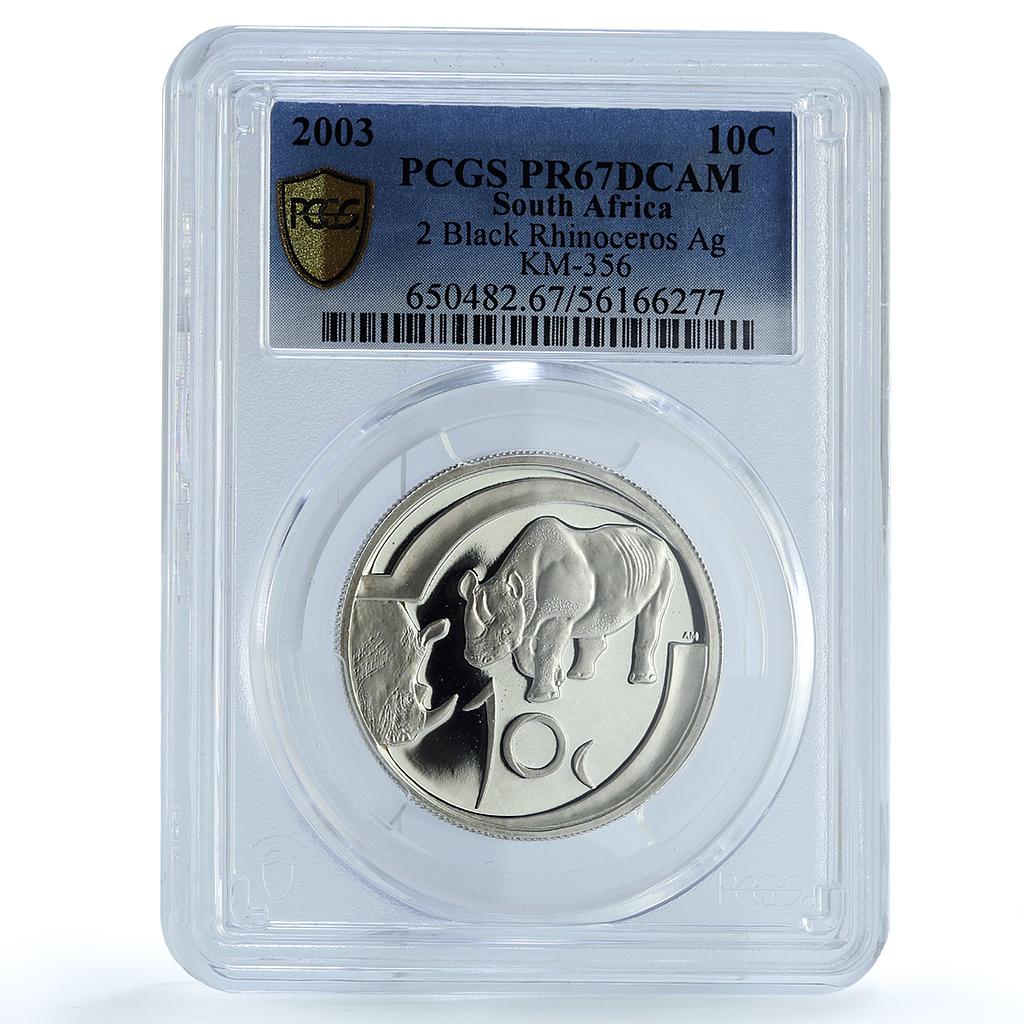 South Africa 10 cents Black Rhinoceros KM-356 Fauna PR 67 PCGS silver coin 2003 South Africa 10 cents Black Rhinoceros KM-356 Fauna PR 67 PCGS silver coin 2003