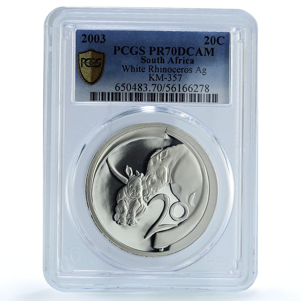 South Africa 20 cents White Rhinoceros KM-357 Fauna PR 70 PCGS silver coin 2003 South Africa 20 cents White Rhinoceros KM-357 Fauna PR 70 PCGS silver coin 2003