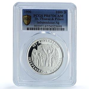 Sao Tome 1000 dobras Independence KM-49 Anniversary PR 67 PCGS silver coin 1990