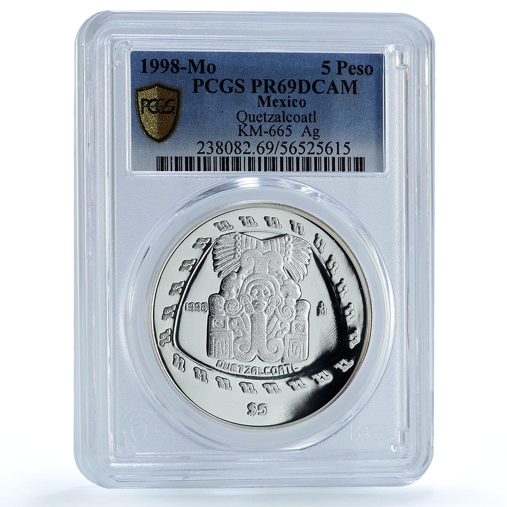 Mexico 5 pesos Quetzalcoatl KM-665 Precolombina PR 69 PCGS silver coin 1998