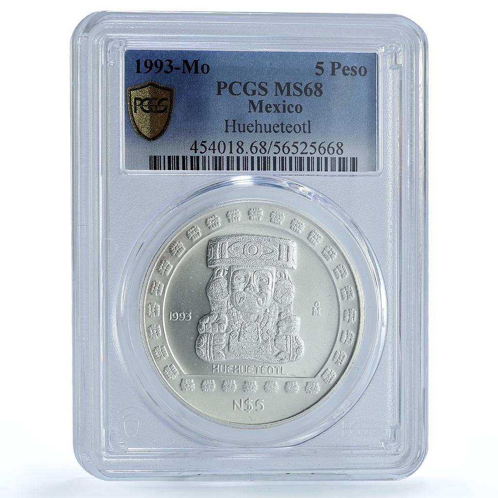 Mexico 5 pesos Huehueteotl KM-649 Precolombina Aztec MS 68 PCGS silver coin 1993