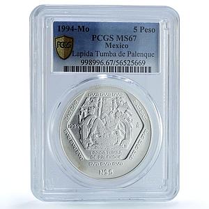 Mexico 5 pesos Lapida Tumba KM-575 Precolombina Maya MS 67 PCGS silver coin 1994