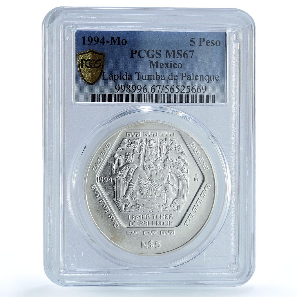 Mexico 5 pesos Lapida Tumba KM-575 Precolombina Maya MS 67 PCGS silver coin 1994