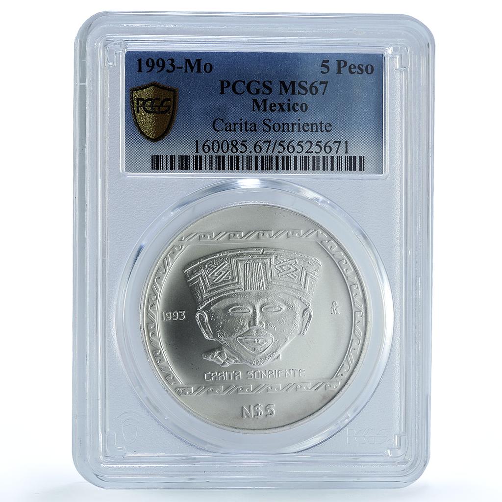 Mexico 5 pesos Carita Sonriente KM-584 Precolombina MS 67 PCGS silver coin 1993