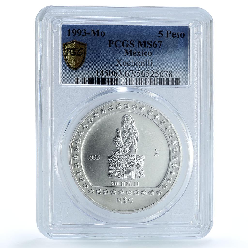 Mexico 5 pesos Xochipilli KM-647 Precolombina Aztec MS 67 PCGS silver coin 1993