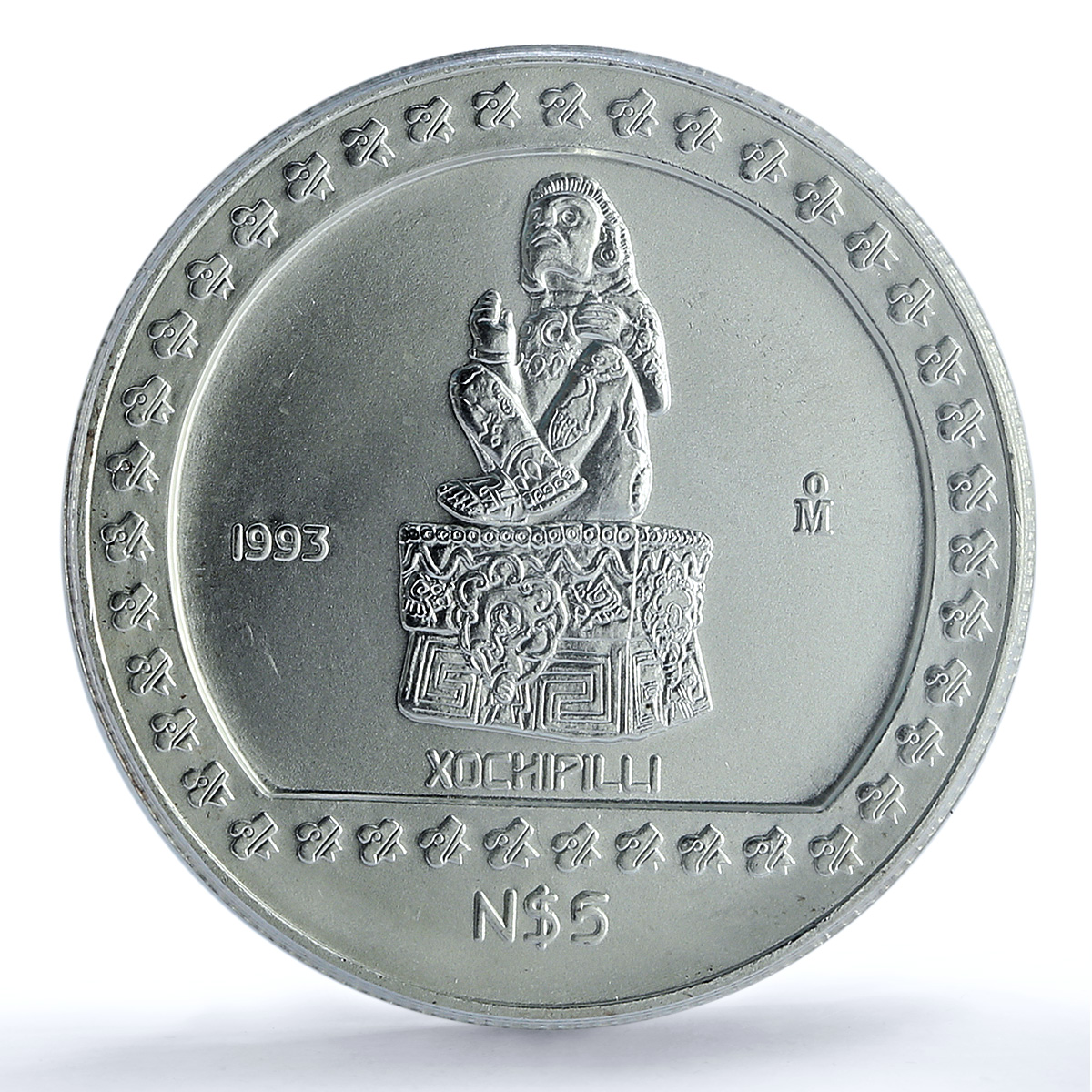 Mexico 5 pesos Xochipilli KM-647 Precolombina Aztec MS 67 PCGS silver coin 1993