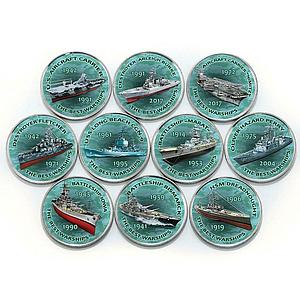 Zimbabwe 1 shilling Warships Dreadnought Battleship set of 10 colored coins 2017