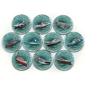 Zimbabwe 1 shilling Warships Dreadnought Battleship set of 10 colored coins 2017