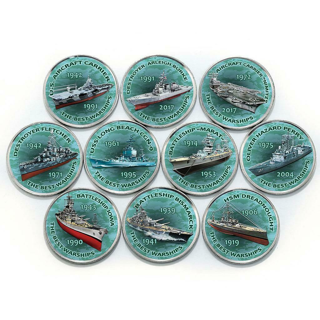 Zimbabwe 1 shilling Warships Dreadnought Battleship set of 10 colored coins 2017