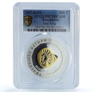 Kazakhstan 500 tenge Seal Ring Gilt KM-89 Nomads Art PR 70 PCGS silver coin 2007