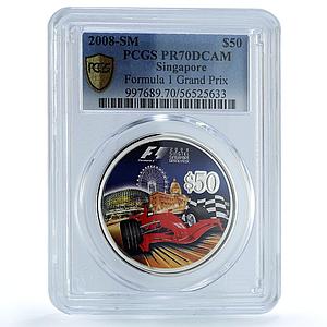 Singapore 50 dollars F1 Formula One Grand Prix KM-288 Car PR70 PCGS Ag coin 2008