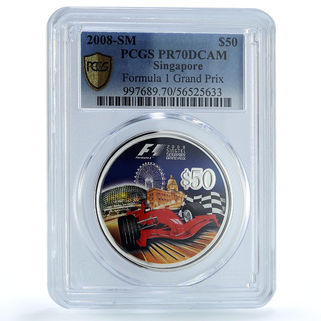 Singapore 50 dollars F1 Formula One Grand Prix KM-288 Car PR70 PCGS Ag coin 2008