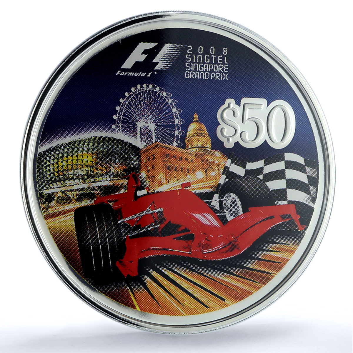 Singapore 50 dollars F1 Formula One Grand Prix KM-288 Car PR70 PCGS Ag coin 2008