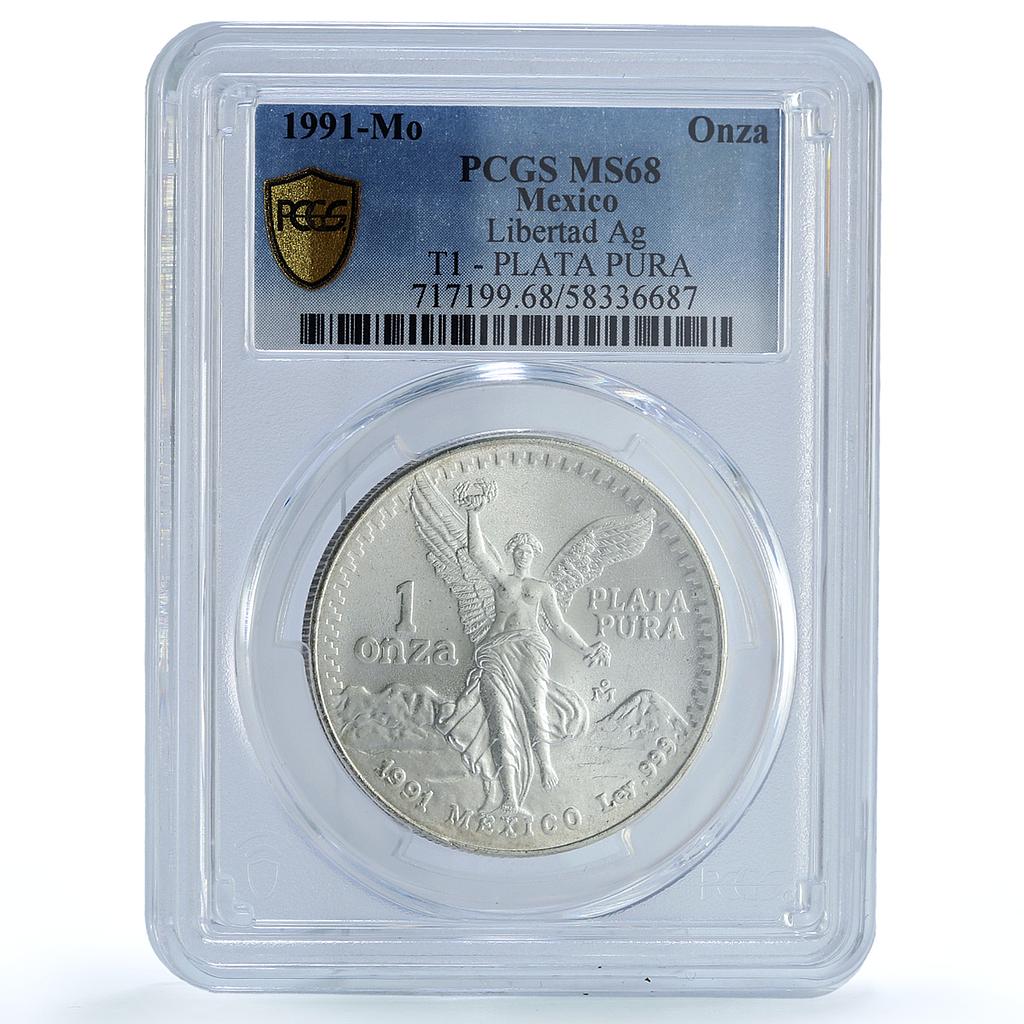 Mexico 1 onza Libertad Type 1 PLATA PURA KM-494.2 MS 68 PCGS silver coin 1991 Mexico 1 onza Libertad Type 1 PLATA PURA KM-494.2 MS 68 PCGS silver coin 1991