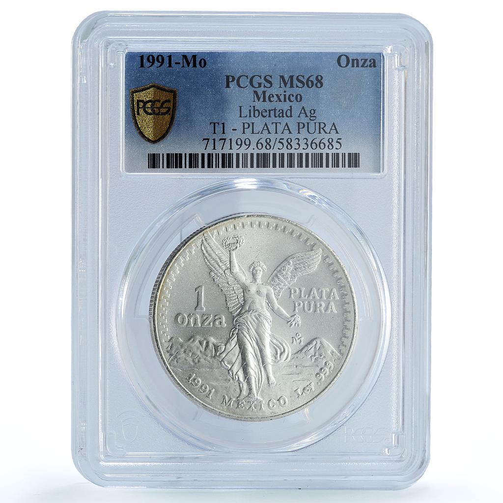 Mexico 1 onza Libertad Type 1 PLATA PURA KM-494.2 MS 68 PCGS silver coin 1991 Mexico 1 onza Libertad Type 1 PLATA PURA KM-494.2 MS 68 PCGS silver coin 1991