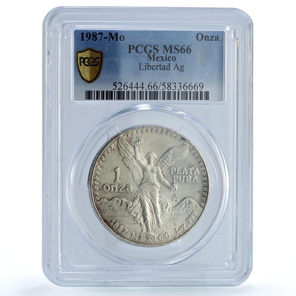Mexico 1 onza Libertad Type 1 PLATA PURA KM-494.1 MS 66 PCGS silver coin 1987 Mexico 1 onza Libertad Type 1 PLATA PURA KM-494.1 MS 66 PCGS silver coin 1987