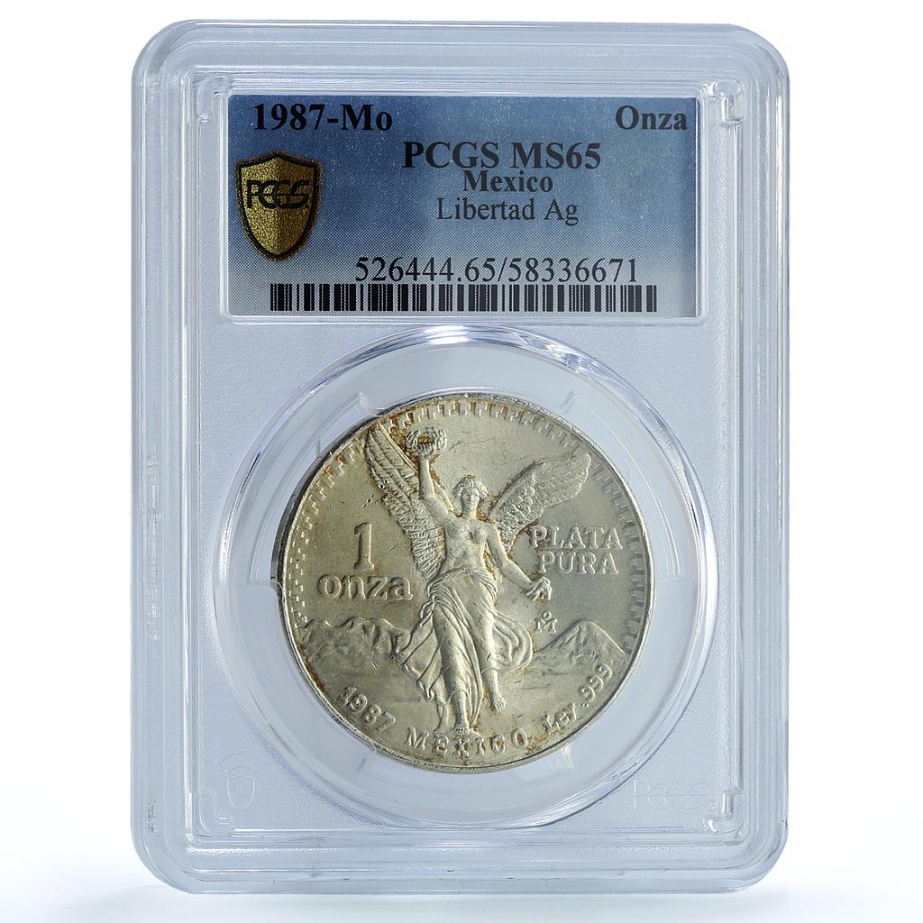 Mexico 1 onza Libertad Type 1 PLATA PURA KM-494.1 MS 65 PCGS silver coin 1987 Mexico 1 onza Libertad Type 1 PLATA PURA KM-494.1 MS 65 PCGS silver coin 1987