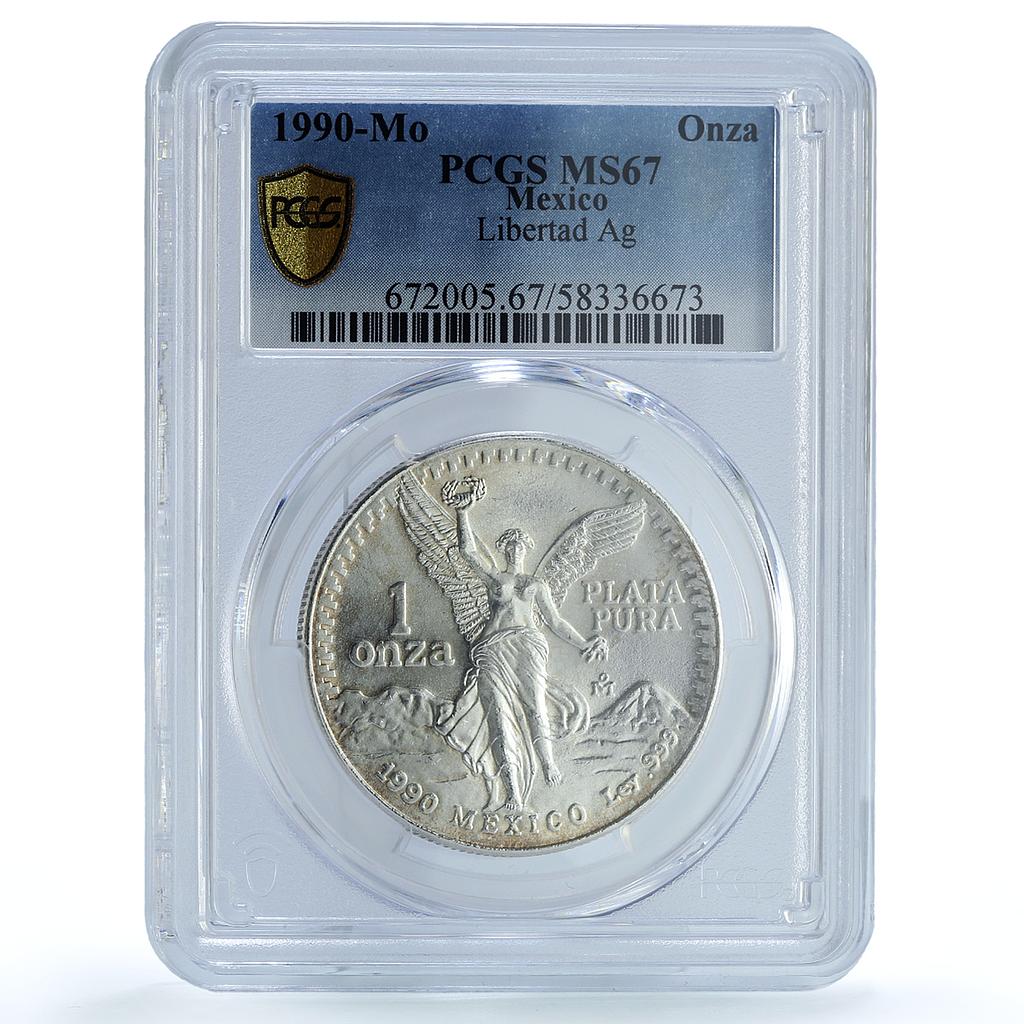 Mexico 1 onza Libertad Angel of Independence KM-494.2 MS67 PCGS silver coin 1990 Mexico 1 onza Libertad Angel of Independence KM-494.2 MS67 PCGS silver coin 1990