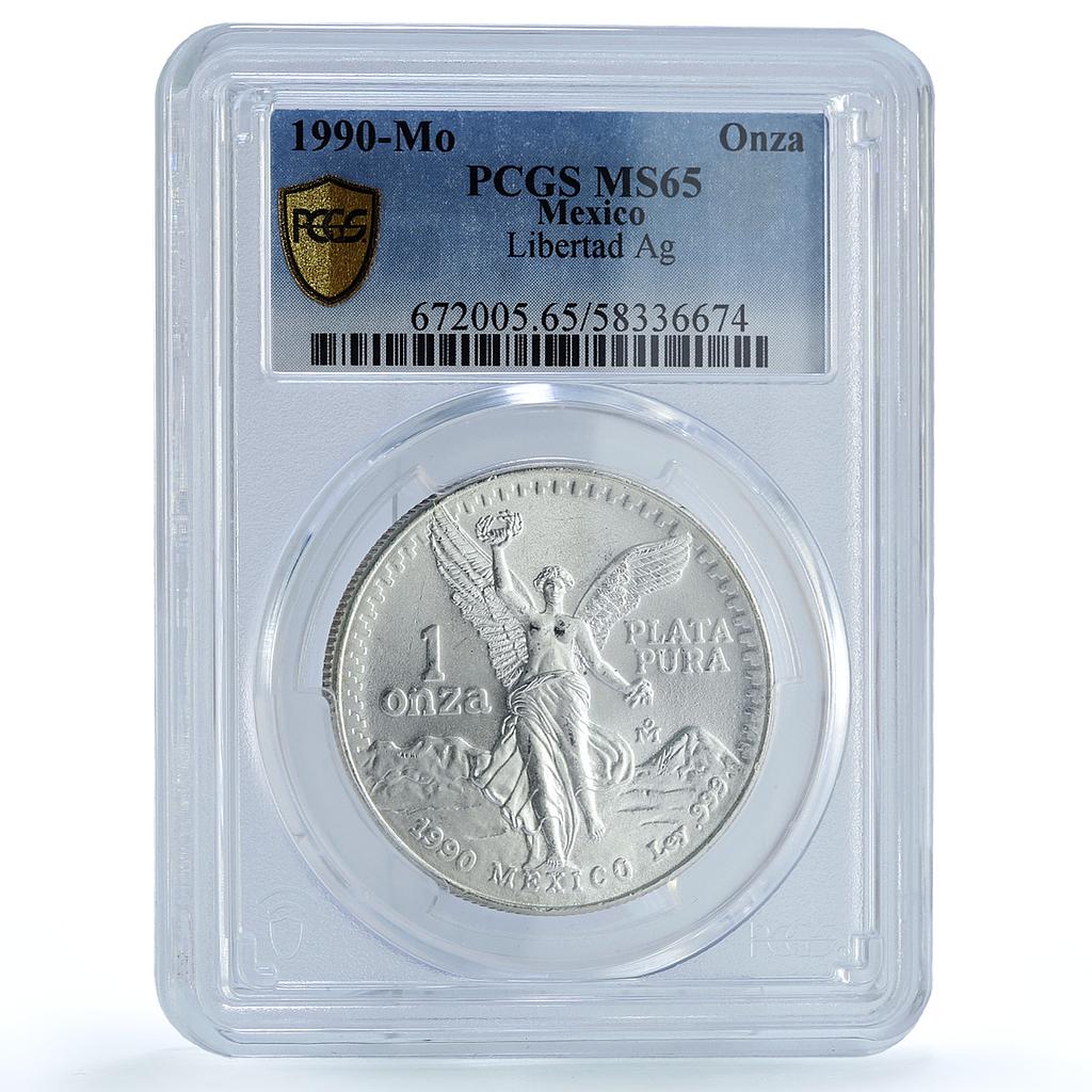 Mexico 1 onza Libertad Angel of Independence KM-494.2 MS65 PCGS silver coin 1990