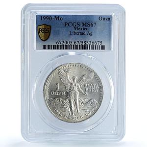 Mexico 1 onza Libertad Angel of Independence KM-494.2 MS67 PCGS silver coin 1990