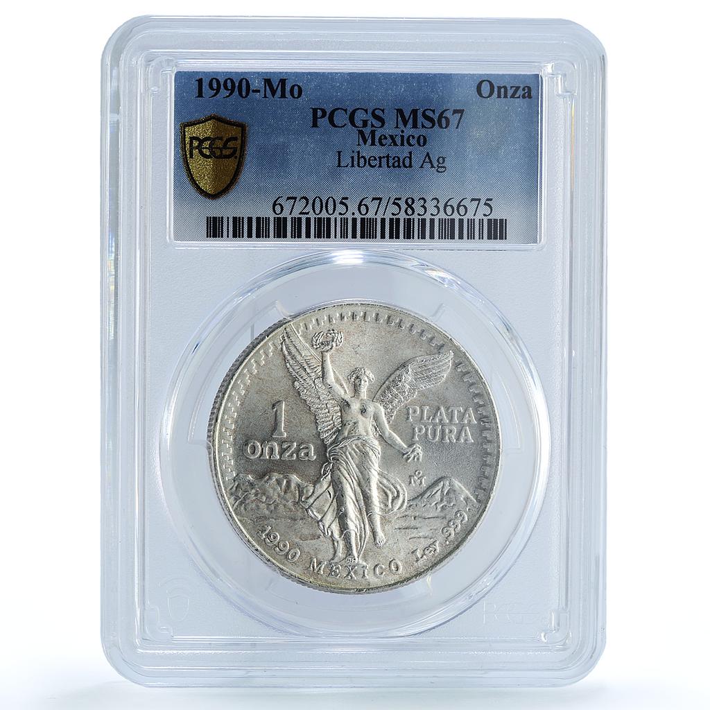 Mexico 1 onza Libertad Angel of Independence KM-494.2 MS67 PCGS silver coin 1990 Mexico 1 onza Libertad Angel of Independence KM-494.2 MS67 PCGS silver coin 1990