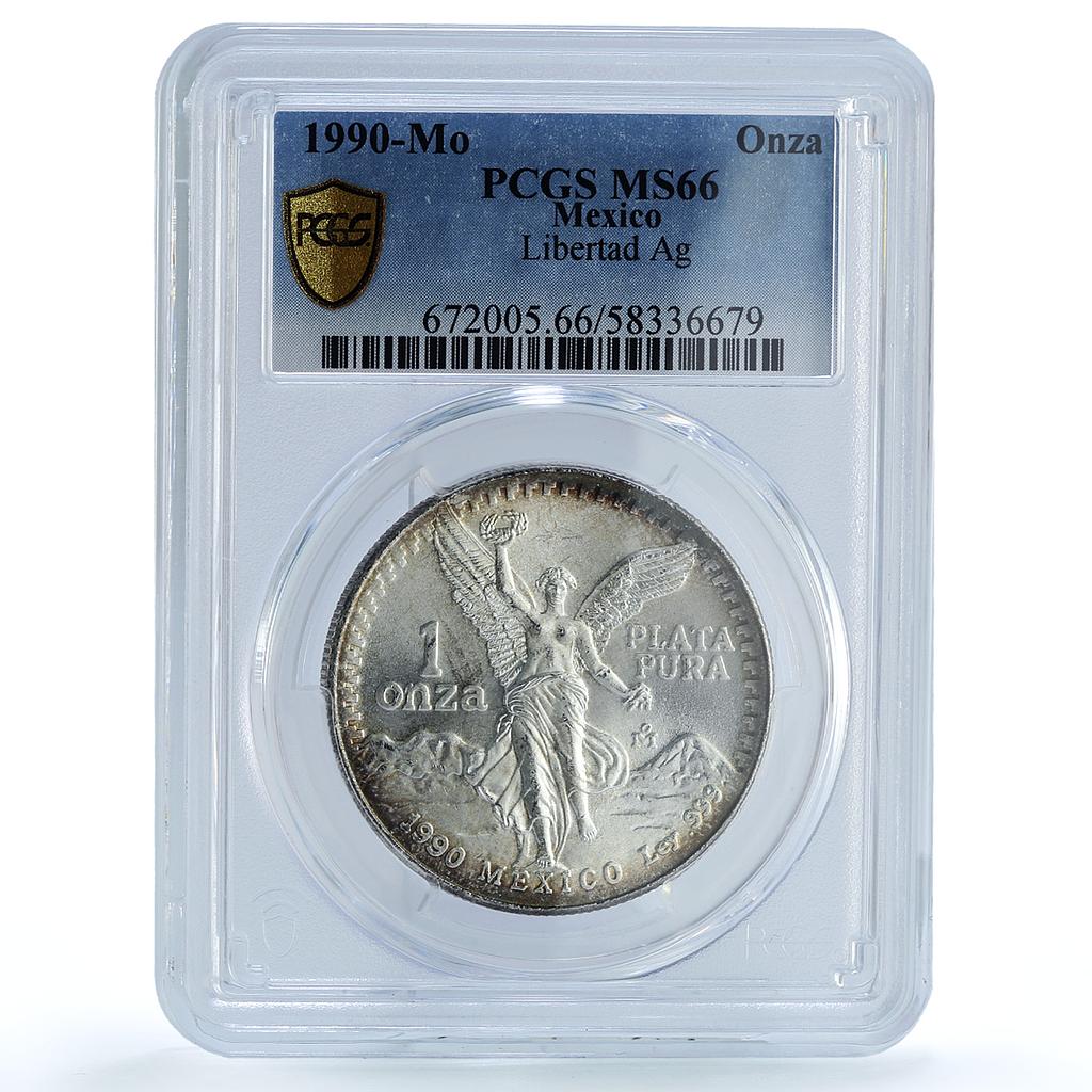 Mexico 1 onza Libertad Angel of Independence KM-494.2 MS66 PCGS silver coin 1990 Mexico 1 onza Libertad Angel of Independence KM-494.2 MS66 PCGS silver coin 1990