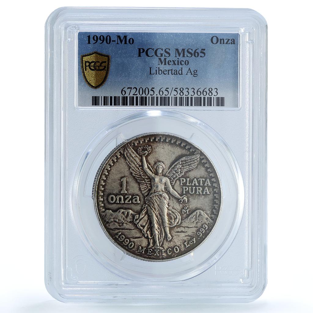 Mexico 1 onza Libertad Angel of Independence KM-494.2 MS65 PCGS silver coin 1990 Mexico 1 onza Libertad Angel of Independence KM-494.2 MS65 PCGS silver coin 1990