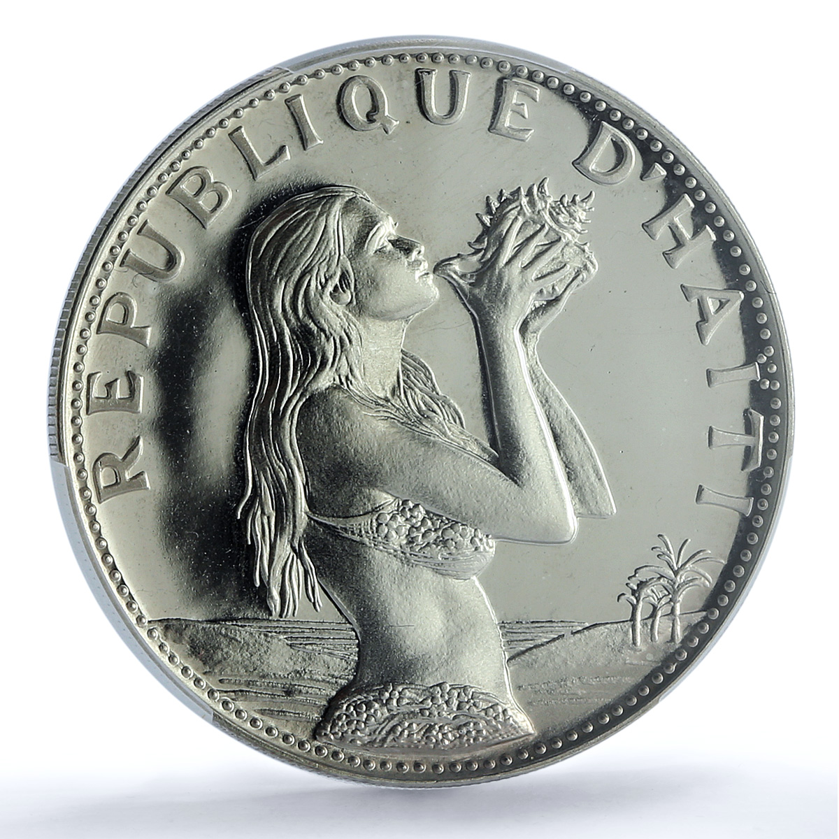 Haiti 50 gourdes Woman with Shell Mark Left KM-104.1 PR 68 PCGS silver coin 1973 Haiti 50 gourdes Woman with Shell Mark Left KM-104.1 PR 68 PCGS silver coin 1973