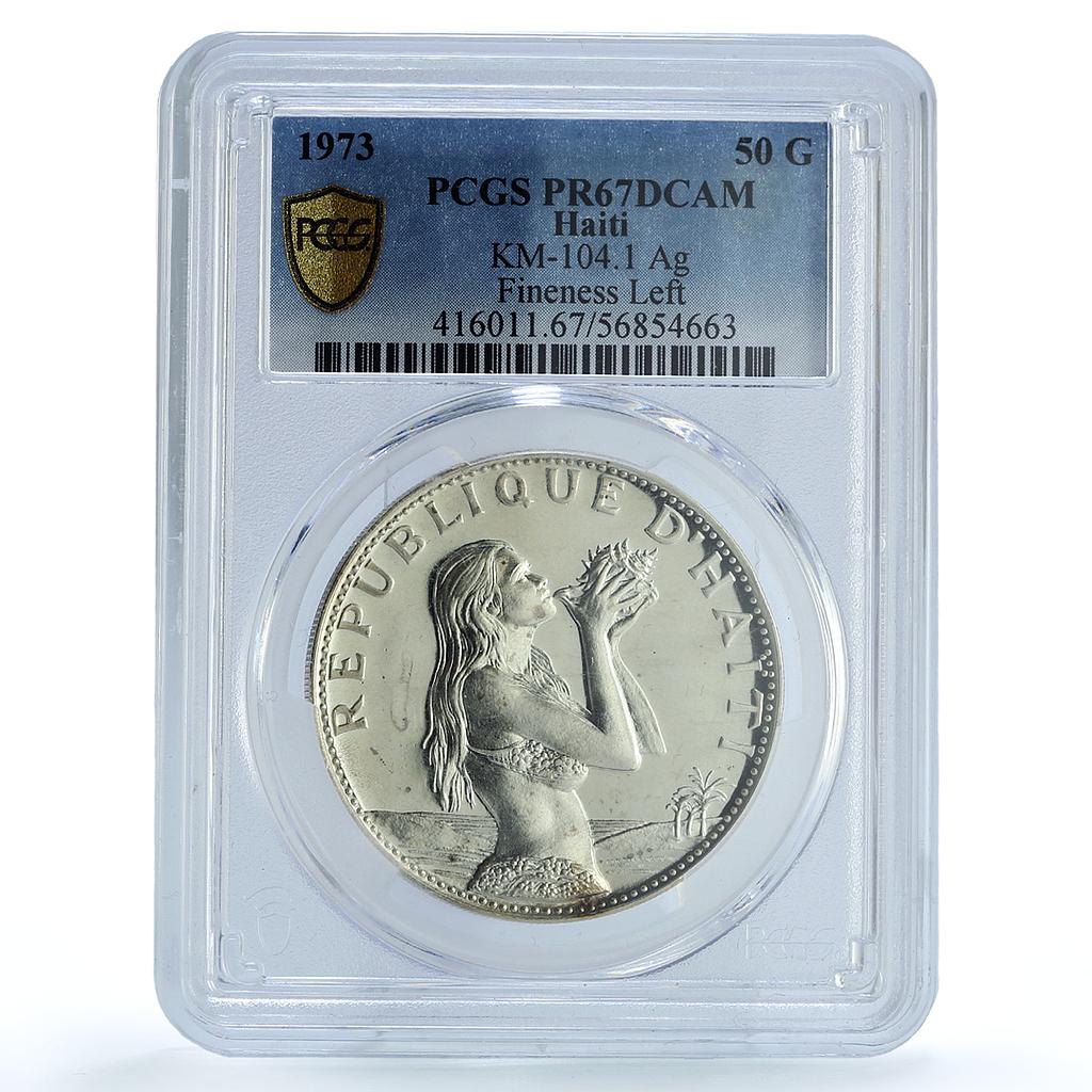 Haiti 50 gourdes Woman with Shell Mark Left KM-104.1 PR 67 PCGS silver coin 1973 Haiti 50 gourdes Woman with Shell Mark Left KM-104.1 PR 67 PCGS silver coin 1973