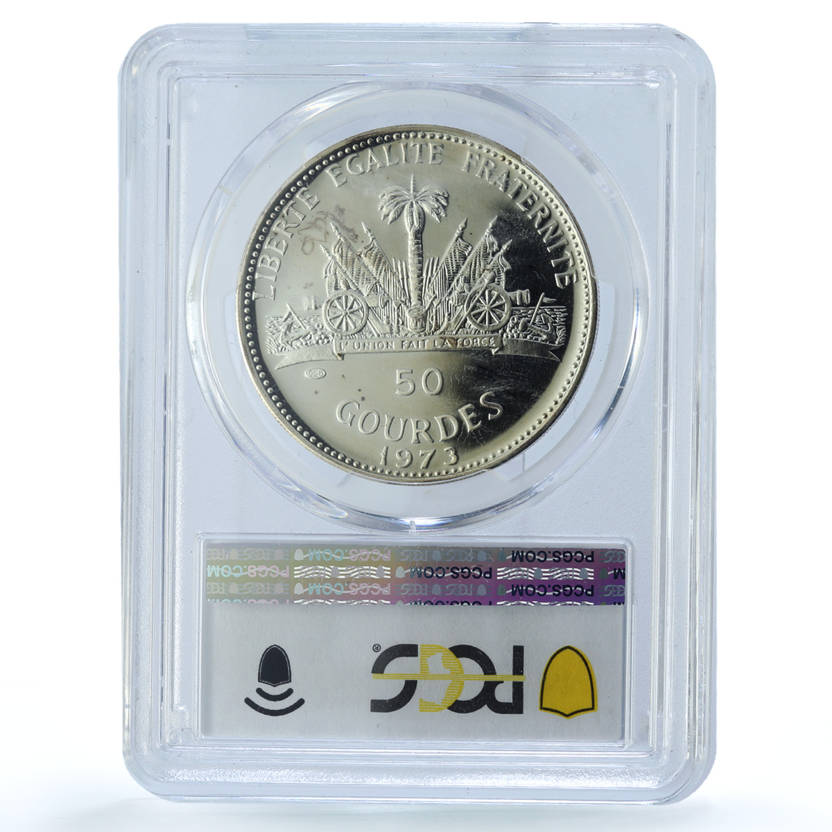 Haiti 50 gourdes Woman with Shell Mark Left KM-104.1 PR 67 PCGS silver coin 1973 Haiti 50 gourdes Woman with Shell Mark Left KM-104.1 PR 67 PCGS silver coin 1973